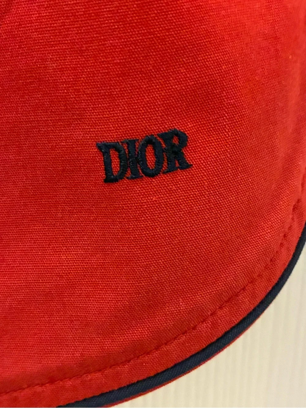 Vintage Christian Dior Men’s Red Dolphin Hem Swim Trunks with Navy Piping